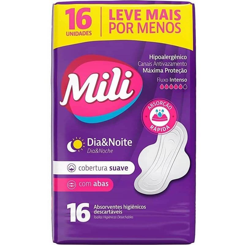 Mili toallas higiénicas desechables Día & Noche con alas, flujo intenso