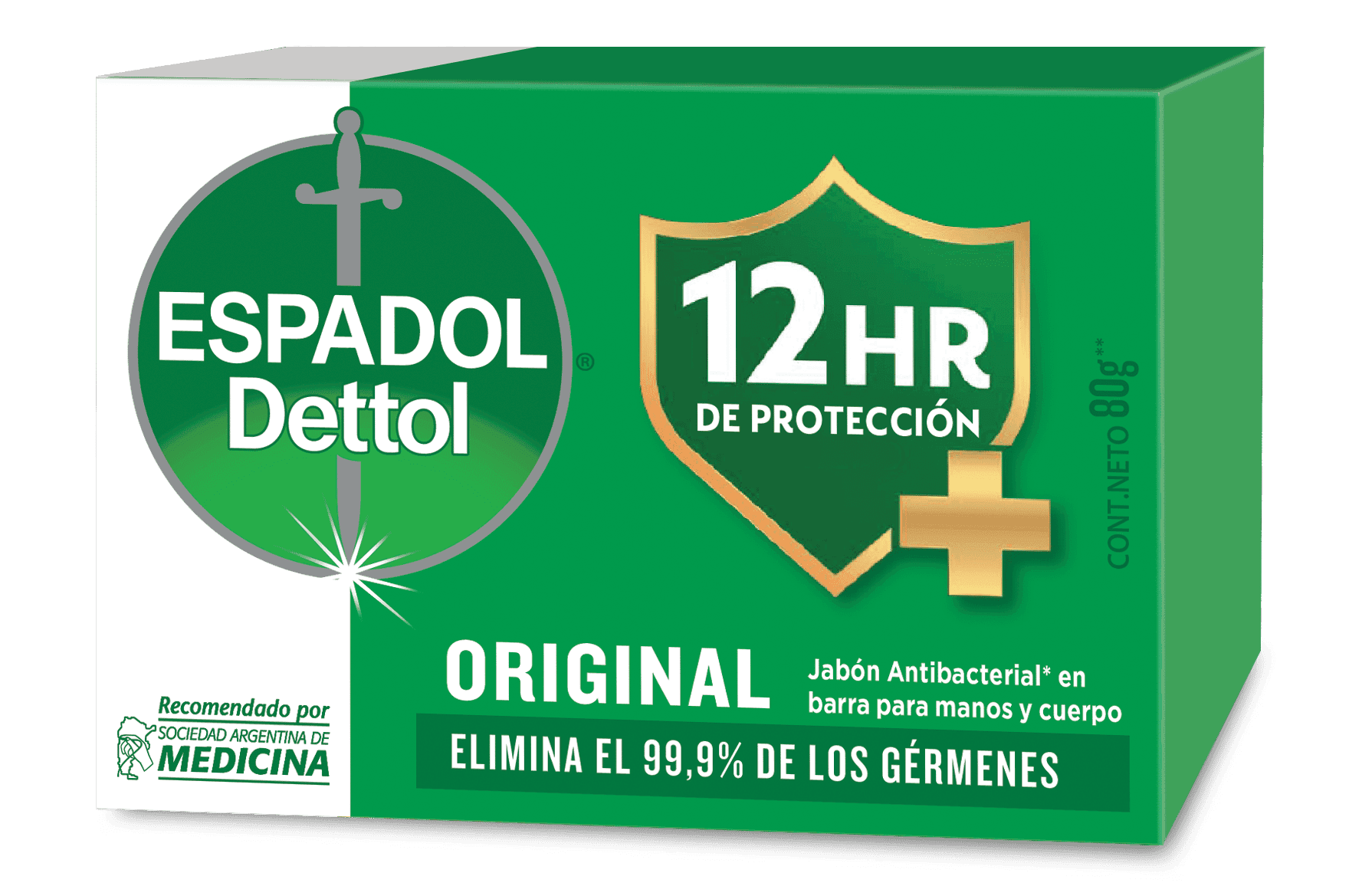 Espadol Dettol Original, jabón antibacterial en barra para manos y cuerpo 80g